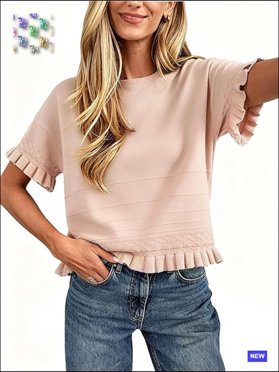 Sweaters - Oversized Knit Cropped Sweater Short Sleeve Crewneck Ruffle Hem Blouse